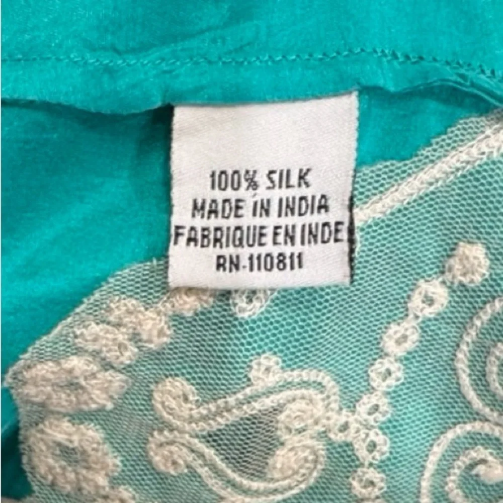 Sea Green 100% Silk Tunic Beige Embroidered Boho Resort Top Medium